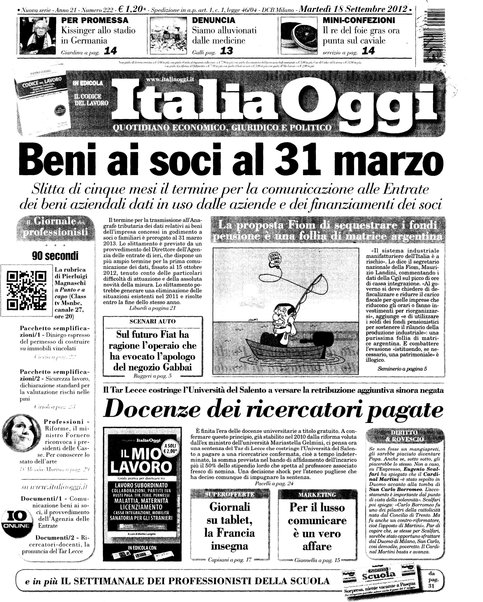 Italia oggi : quotidiano di economia finanza e politica